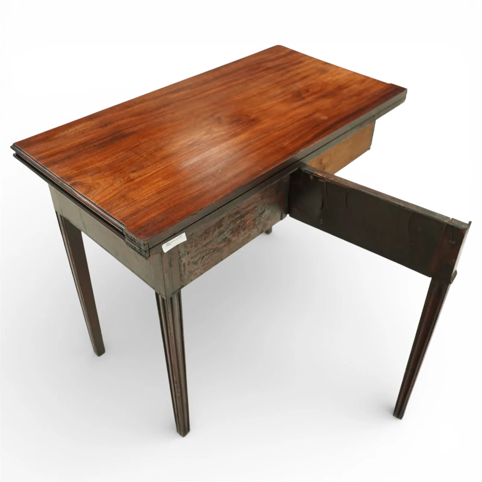 Georgian mahogany turn-over top tea table, rectangular top with hinged fold-over leaf forming a square surface, fitted with a single frieze drawer with brass swan neck handle and escutcheon, on square tapering legs thumbnail 5