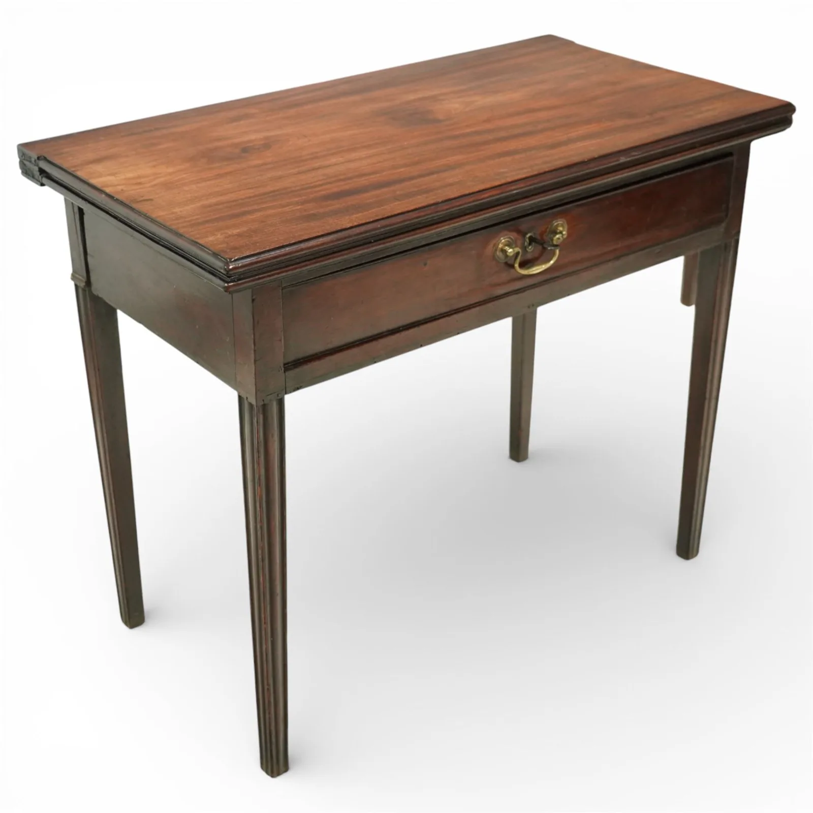 Georgian mahogany turn-over top tea table, rectangular top with hinged fold-over leaf forming a square surface, fitted with a single frieze drawer with brass swan neck handle and escutcheon, on square tapering legs thumbnail 2