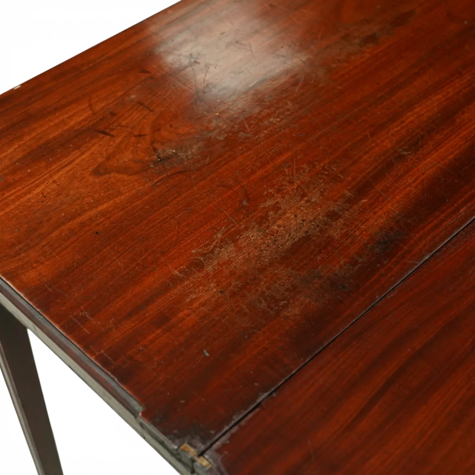 Georgian mahogany turn-over top tea table, rectangular top with hinged fold-over leaf forming a square surface, fitted with a single frieze drawer with brass swan neck handle and escutcheon, on square tapering legs thumbnail 4