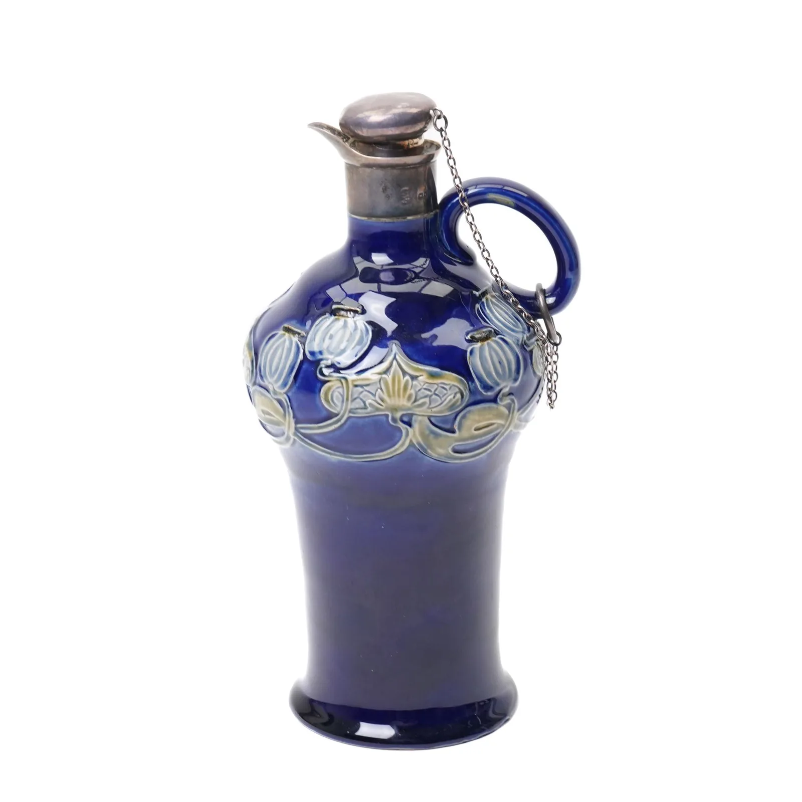 Edwardian Royal Doulton ceramic decanter by Marion Holbrook, of Art Nouveau design, with London 1903 silver collar and stopper; English origin, 23cm high thumbnail 2